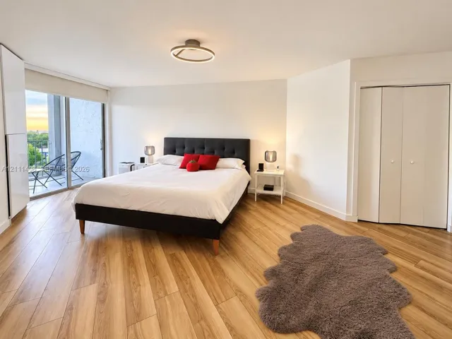 Wood-finish flooring, sliding glass door with balcony access, built-in floor-to-ceiling cabinetry, minimalist geometric flush-mount lighting, and bi-fold closet doors