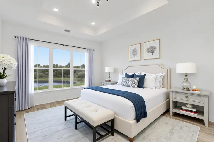 Tray ceiling featuring recessed lighting, large multi-pane windows with exterior water scenery, and wood like flooring