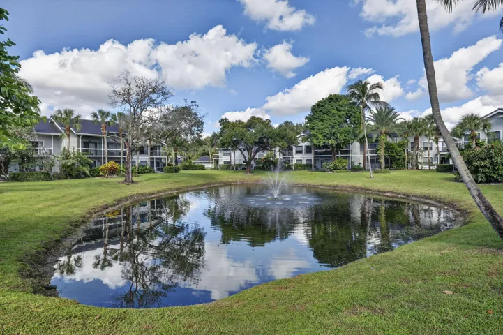 Landscaped grounds featuring a central pond with a fountain, mature palm trees, and expansive lawn areas