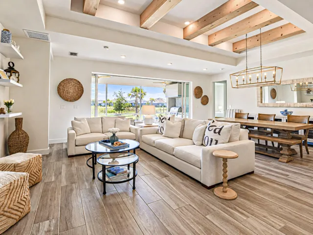 Great Room with white washed beams