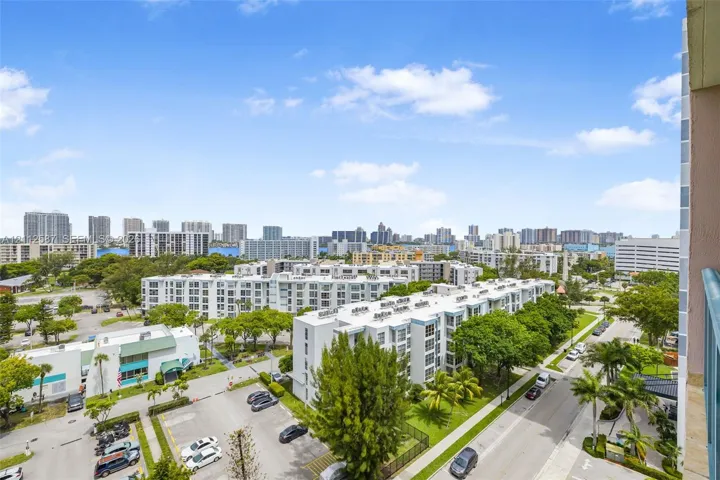 Elevated perspective featuring a panoramic urban skyline, high-rise architecture, and mature greenery