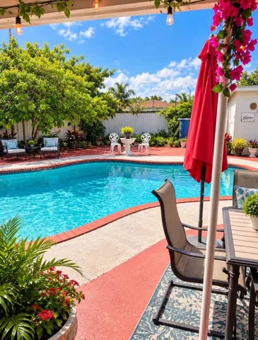 Outdoor swimming pool with brick coping, concrete patio, mature landscaping, and perimeter fencing