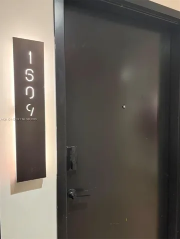 Solid core door featuring a matte black finish, lever-style handle, integrated peephole, and an illuminated vertical address plaque