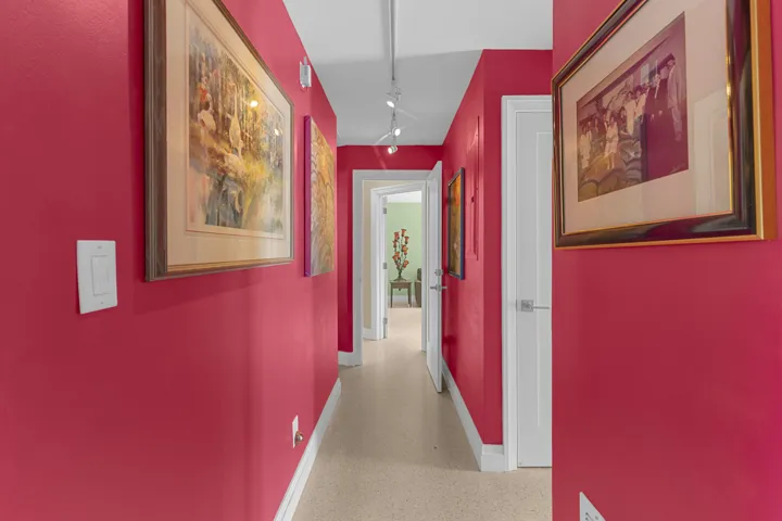 Hallway featuring solid-core paneled doors, neutral flooring, and overhead track lighting