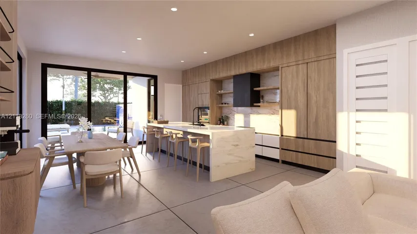 Modern kitchen featuring floor-to-ceiling wood-finish cabinetry, a waterfall-edge stone island, built-in black vent hood, light-toned stone backsplash, and large-format tile flooring