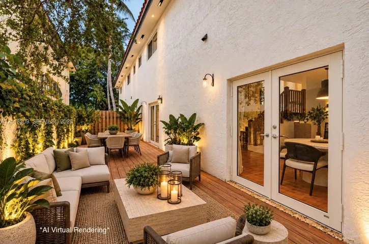 Exterior deck featuring wood-finish decking, smooth-finish stucco wall, and dual glass-panel patio doors