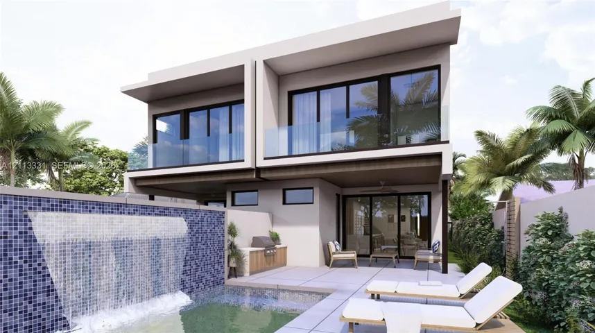 Modern two-story architectural exterior featuring glass balcony railings, a private swimming pool with a tiled water feature, and a built-in outdoor kitchen station