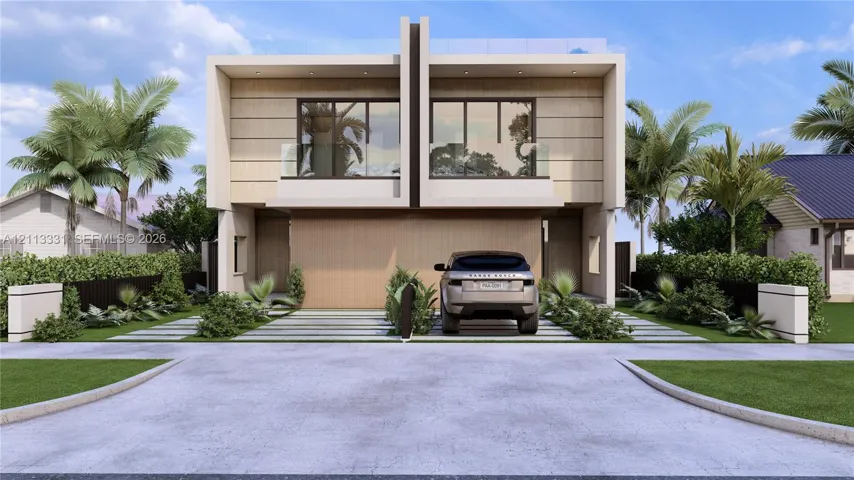 Modern two-story architectural exterior featuring horizontal cladding, glass-panel balcony railings, floor-to-ceiling windows, and integrated concrete paver driveway