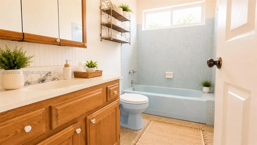 Bathroom featuring a wood-finish vanity with a white countertop, beadboard wall paneling, a tub-shower combination with light blue tile surround, and a horizontal window