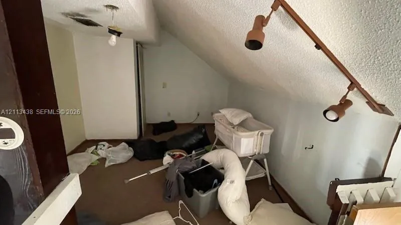 Attic space featuring a sloped ceiling, brown carpeting, and a built-in multi-head adjustable track lighting fixture