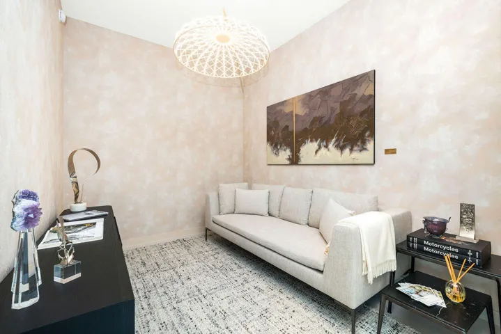 Textured wall treatment and decorative dome pendant light fixture