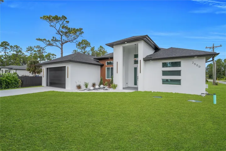 Contemporary exterior featuring a high-contrast facade, metal-framed windows, multi-textured siding with wood-tone accents, an integrated garage, and a covered entryway