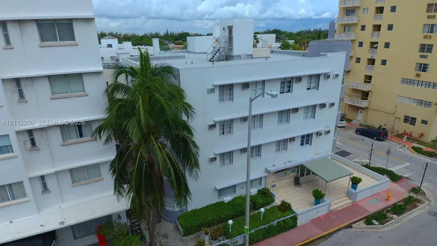 Mid-rise exterior featuring a white stucco facade, flat roofline, mature palm tree, covered entryway, and landscaped ground-level shrubbery