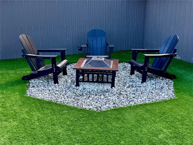 Outdoor area featuring synthetic turf, a hexagonal gravel patio, and corrugated metal fencing