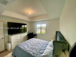 Tray ceiling featuring a center-mounted light fixture and single-pane window