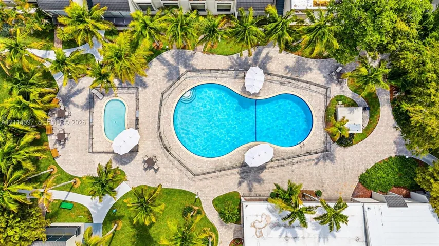 Outdoor area featuring a freeform swimming pool, a separate secondary pool, paved decking, and mature palm trees