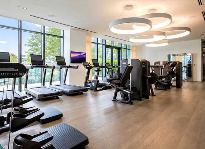 Fitness center featuring floor-to-ceiling windows, wood-finish flooring, and modern circular pendant lighting
