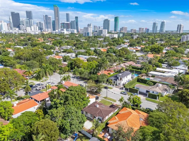 Aerial perspective of a neighborhood featuring mature canopy trees, paved roadways, and a prominent cityscape horizon