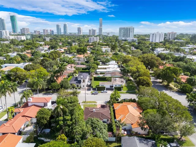 Aerial perspective featuring a dense tree canopy, established residential street grid, and urban skyline backdrop
