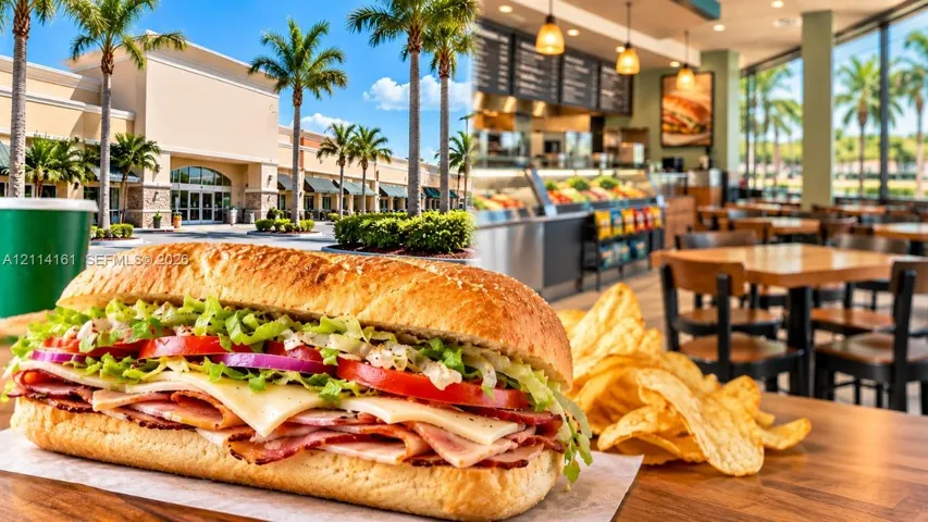 Commercial exterior featuring a manicured landscape with palm trees and a paved walkway, plus an interior space showcasing floor-to-ceiling glass windows, recessed pendant lighting, and built-in service counters