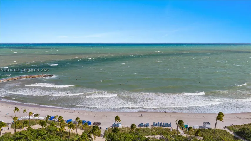 Direct oceanfront setting with expansive sandy beach, coastal shoreline, and tropical palm landscaping