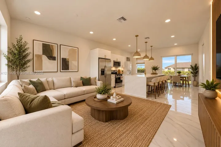 Open-concept interior featuring large-format tile flooring, a kitchen island with stone-finish waterfall edges, recessed lighting, pendant fixtures, and vertical wood-slat wall paneling