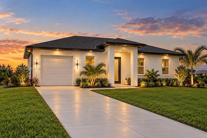 Stucco exterior featuring a covered entryway, paved driveway, integrated garage, and low-profile roofline