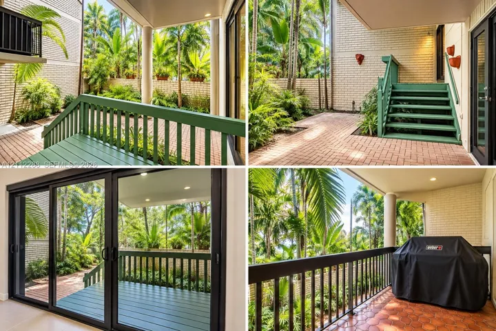 Property Exterior Photography. Documentation of the paved patio area, staircase, and covered balcony of the property