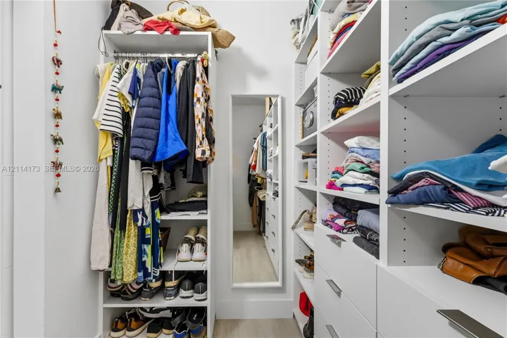 Walk-in closet featuring extensive built-in white shelving, integrated clothing rods, multiple pull-out drawers with metal hardware, and a full-length wall-mounted mirror