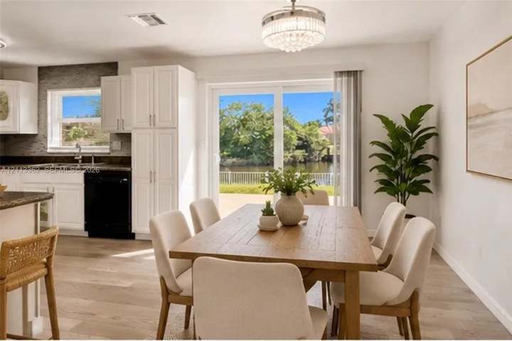 Kitchen featuring white shaker-style cabinetry, a textured tile backsplash, and wood-finish flooring, with sliding glass doors opening to a waterfront exterior