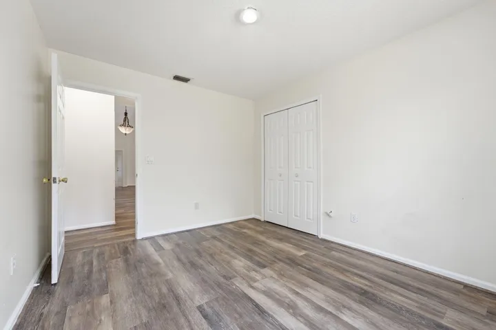 Neutral-toned interior featuring wood-finish flooring, a double-panel closet with white doors, and a flush-mount ceiling light fixture
