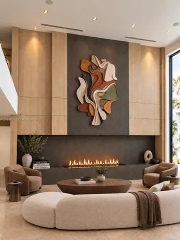 Floor-to-ceiling accent wall featuring integrated light wood paneling, dark tile surround, horizontal linear fireplace, and recessed ceiling lighting