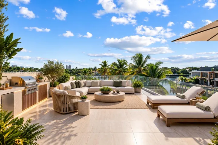 Rooftop terrace featuring large-format tile flooring, a built-in outdoor kitchen with stainless steel grill and refrigeration, and a glass panel perimeter railing