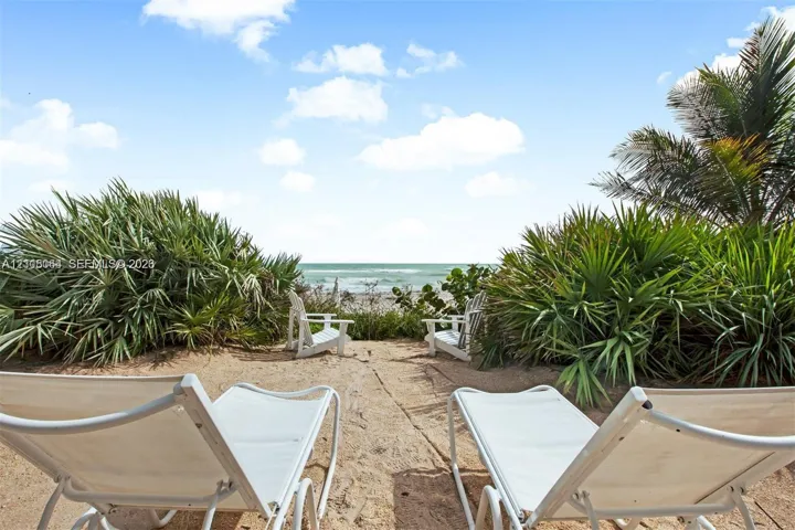 Direct coastal access featuring sandy terrain, tropical vegetation, and mature palm trees