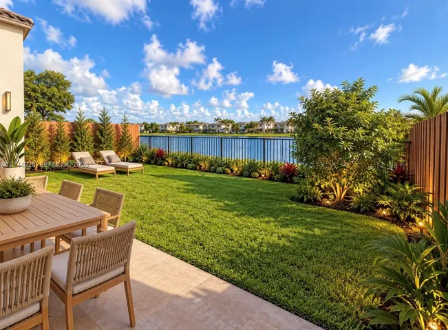 Rear patio featuring large-format tile flooring, manicured lawn, privacy wood fencing, and metal perimeter railing overlooking a lake