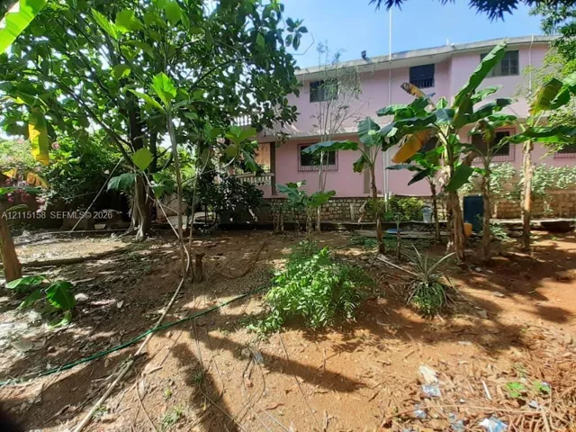 Outdoor space featuring mature trees, banana plants, and a stone-accented foundation