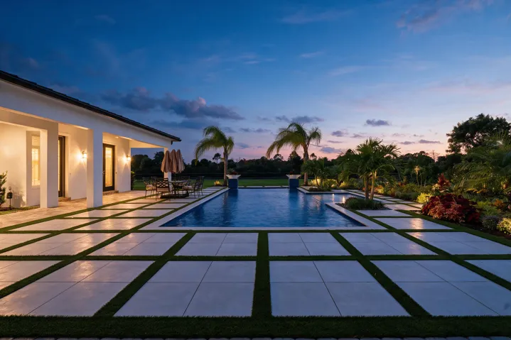 Spacious outdoor patio with large format pavers and synthetic turf inlays, featuring a rectangular swimming pool, integrated landscaping, and a covered lanai