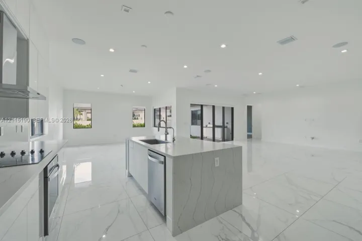 Kitchen island and open living space.