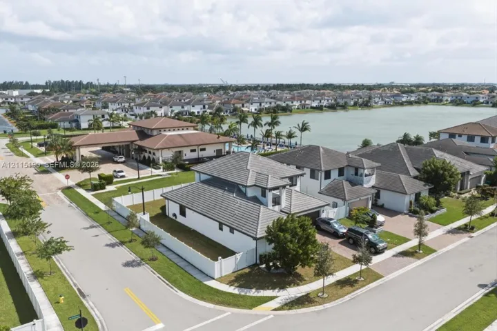 Aerial view of the corner-lot setting.