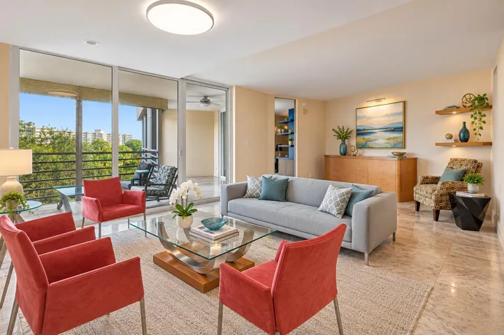 Enhanced Decor with AI. All furniture shown is there except for dining table inside and the dining table and chairs on patio.