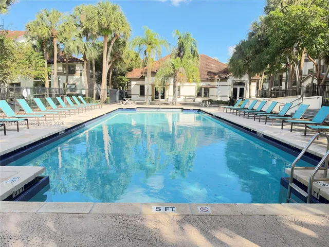 Swimming pool with a paved deck, metal handrail, and perimeter landscaping featuring mature palm trees