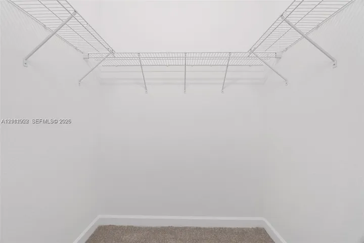 Walk-in storage space featuring neutral carpeting and built-in white wire shelving