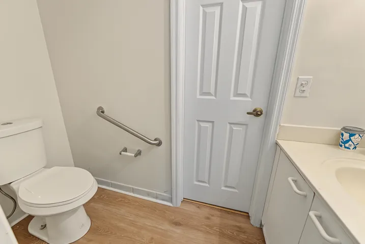 Bathroom featuring wood-finish flooring, a vanity with a solid-surface countertop, an integrated sink, and a wall-mounted stainless steel support rail