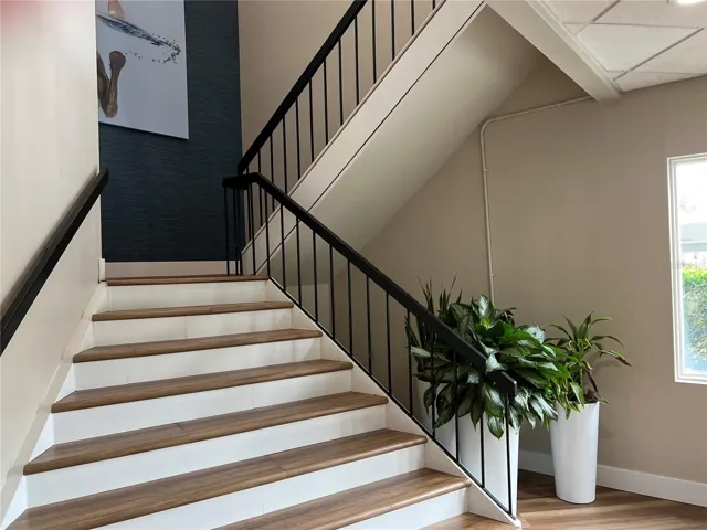 Light and bright lobby with gorgeous plants and artwork.