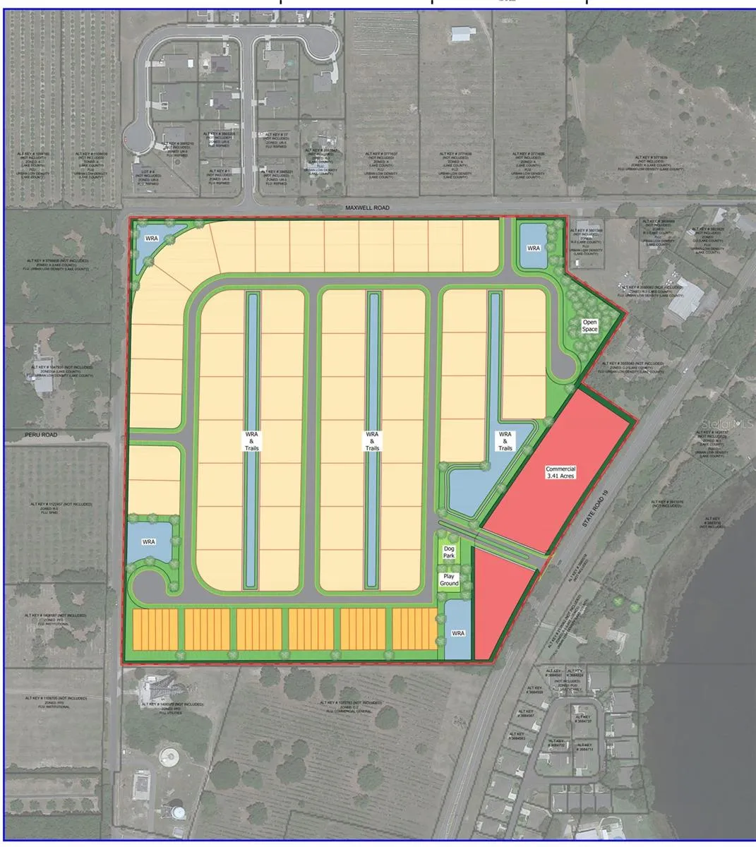 Concept plan: 85 units, homesites + townhomes, 3.41 ac commercial (LPG, Aug 2023)
