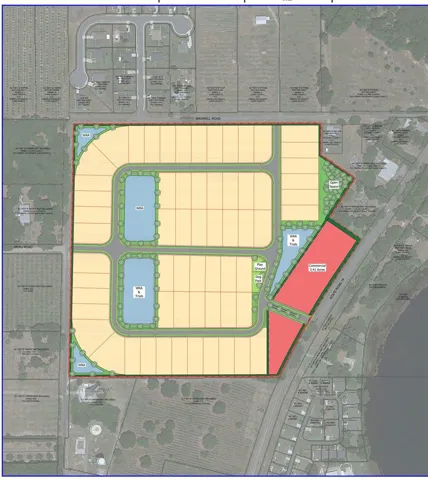 Concept plan: 62 detached homesites, fits approved PUD (LPG, Jul 2023)