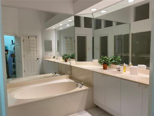 master bathroom with sunken tub and walk in shower