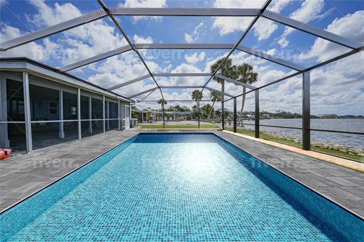 Virtually Staged Pool - lanai poles & screening will be removed and open to pool deck.