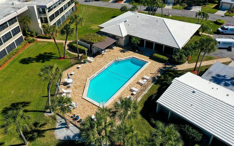 Aerial view of the main clubhouse and clubhouse pool.