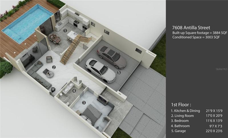 First Floor Plan- •All concrete slabs, columns, block walls and the floor to ceiling commercial grad impact windows and doors strengthened the structure of the house to be hurricane resistance. When people are packing to evacuate during hurricane the inhabitants would stay home with no worries.